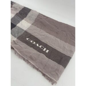 Coach Plaid Scarf Grey Mauve Purple Checkered Logo Fringe Wrap Shawl Accessory